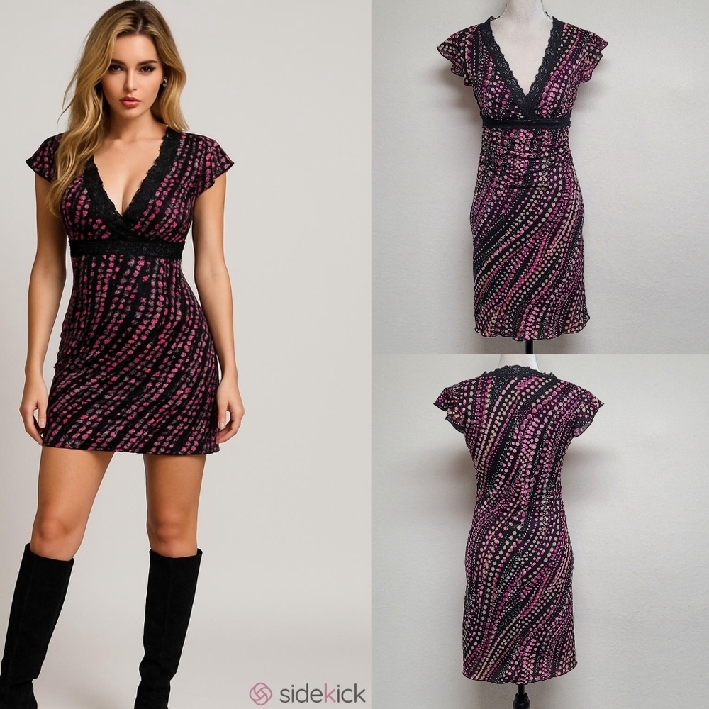 My Michelle Vintage 90s Multi-color Bubble Print Flounce Sleeve Mini Dress M